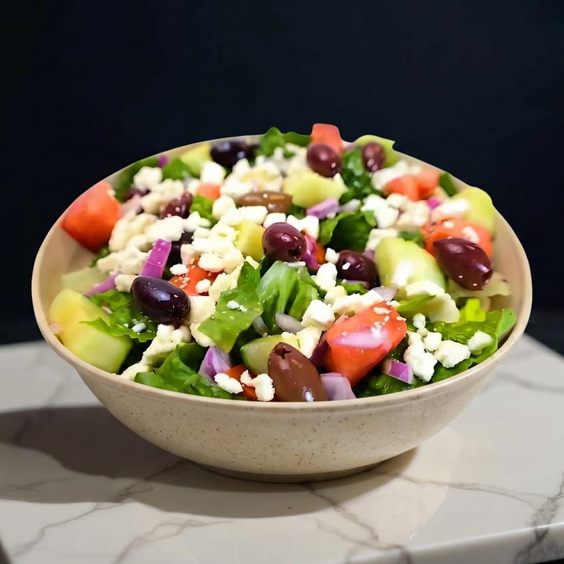 A vibrant Greek salad in a bowl, featuring lettuce, tomatoes, cucumbers, olives, and feta cheese.