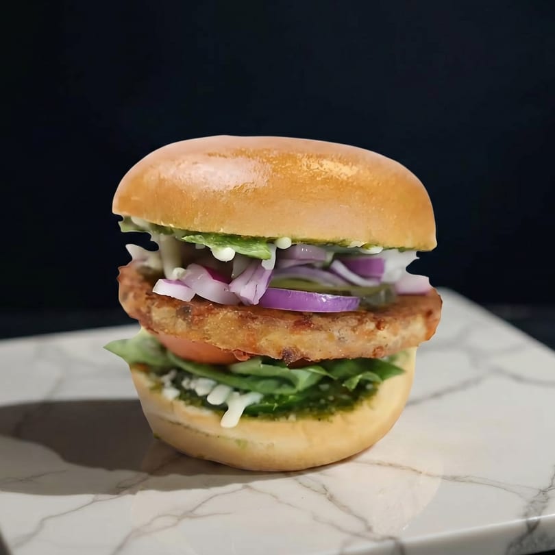A veggie burger with a golden bun, lettuce, tomato, red onion, and sauces on a marble surface.
