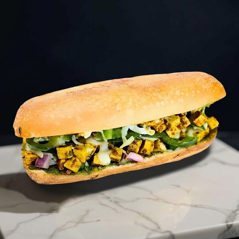 A vibrant sandwich filled with golden paneer, green peppers, red onions, and a green sauce on marble.