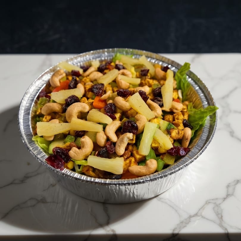A vibrant salad with cashews, cranberries, pineapple, and greens in a foil container.