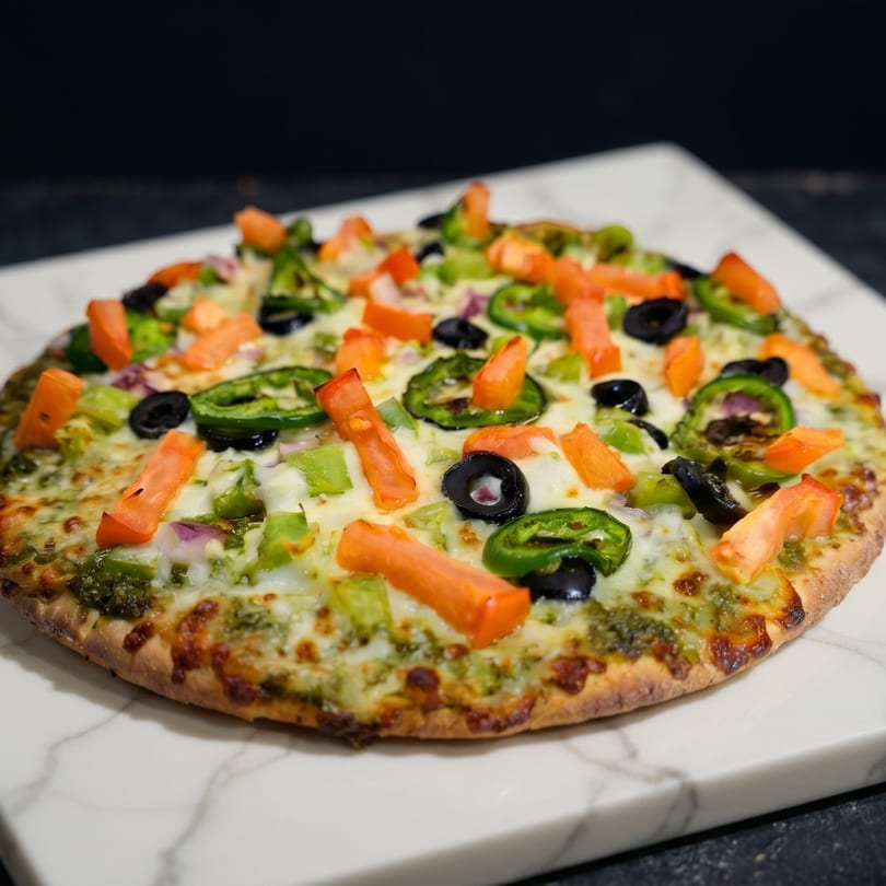 A vibrant vegetarian pizza with green peppers, black olives, red onions, and tomatoes on a marble board.