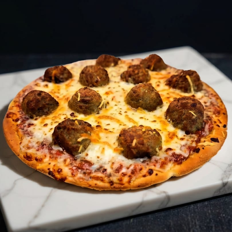 A small, round pizza topped with melted cheese and numerous meatballs on a marble surface.